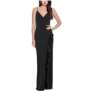 XSCAPE Sleeveless Ruffled Thigh Slit Long Column Evening Gown Black Size 6 Dress